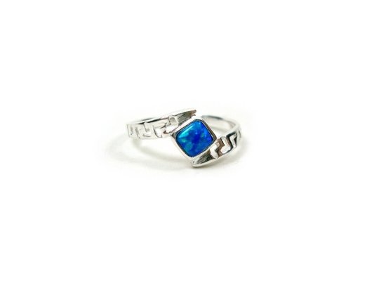 Sterling Sliver 925 Ancient Greek  Meander Key Modern Fire Rainbow Blue  Opal Engagement Ring
