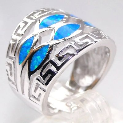 Blue Opal Greek Key Design Wraparound Solid 925 Sterling Silver Ring Blue Opal Jewelry For Men