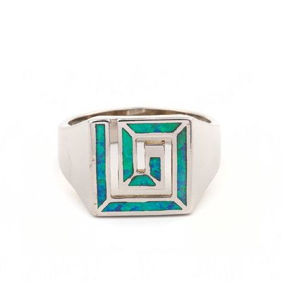 Retro Fret Or Greek Key Design Square Opal Ring For Women