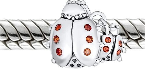 Insect Garden Mother Baby Ladybugs Red CZ Dangle Charm Beads Good Luck