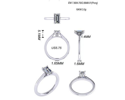 1.05 Ct 14K Solid Gold Jewellery , Emerald Cut Diamond Engagement Rings EM7.86×2.89MM
