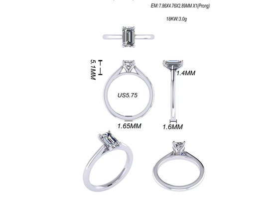 1.05 Ct 14K Solid Gold Jewellery , Emerald Cut Diamond Engagement Rings EM7.86×2.89MM