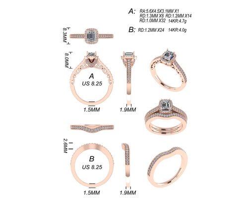 0.8ct 14K Solid Gold Jewellery , rose gold engagement ring set RA5.6×4.5MM