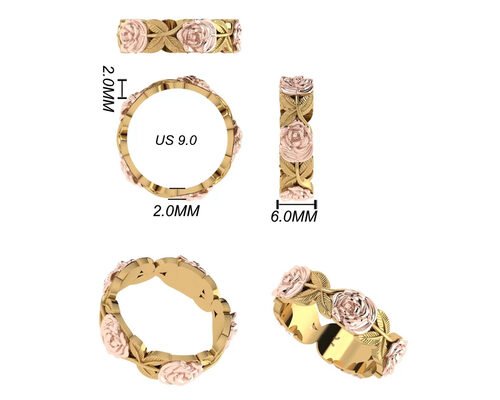 14K Tri Color Flower And Leaf Engagement Ring Thickness 2mm Width 6mm