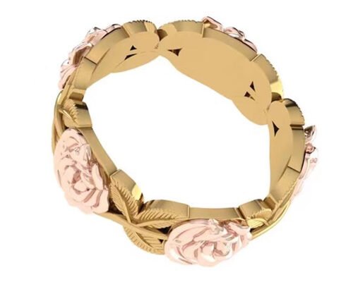 14K Tri Color Flower And Leaf Engagement Ring Thickness 2mm Width 6mm
