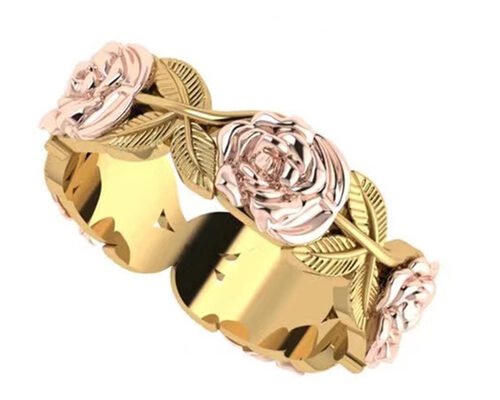 14K Tri Color Flower And Leaf Engagement Ring Thickness 2mm Width 6mm