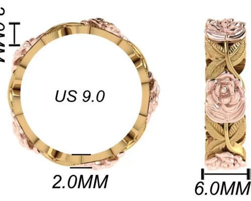 14K Tri Color Flower And Leaf Engagement Ring Thickness 2mm Width 6mm