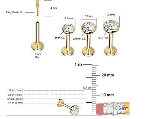 Sterile Gold Body Piercing Jewelry Earrings Screw Style Dia 3×3mm