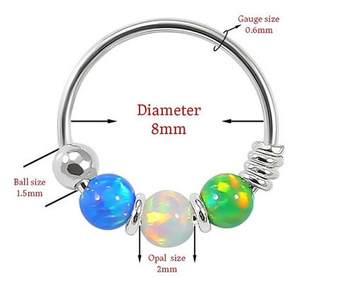 Dia 8mm Hoop Nose Piercing , White Gold Nose Ring With 3 Pieces Opal Stones ODM