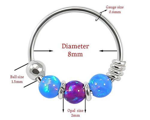 Dia 8mm Hoop Nose Piercing , White Gold Nose Ring With 3 Pieces Opal Stones ODM