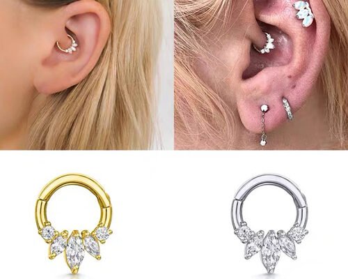 Marquise Cut 14K Gold Clicker Piercing Four Claw Setting Type For Septum Daith Nose