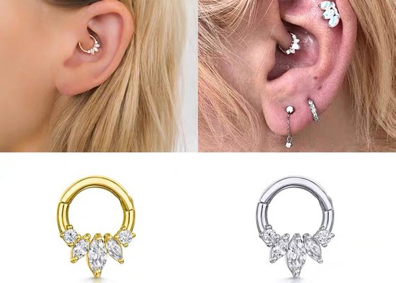 Marquise Cut 14K Gold Clicker Piercing Four Claw Setting Type For Septum Daith Nose