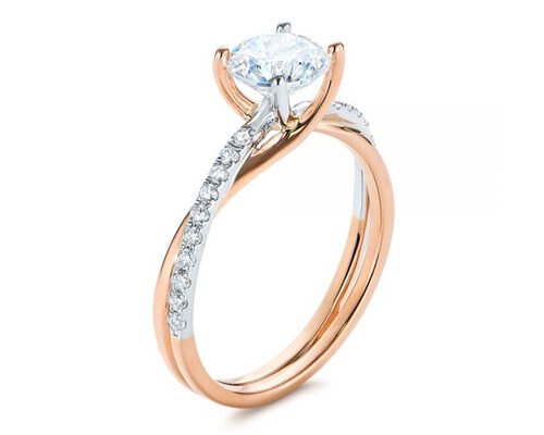 Round Criss Cross Diamond Ring Gold , 4 Prong Engagement Ring 6mm Size