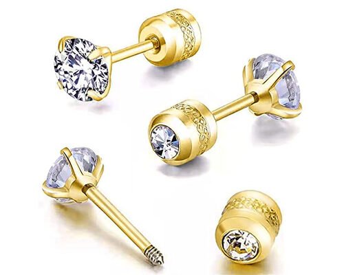 Hypoallergenic 14k Gold Flat Back Stud Earrings With 2mm 4mm Tiny Round Diamond
