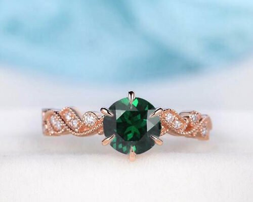 Vintage Emerald Real Diamond Jewellery Ring Floral Vine Cut 6.5mm Size
