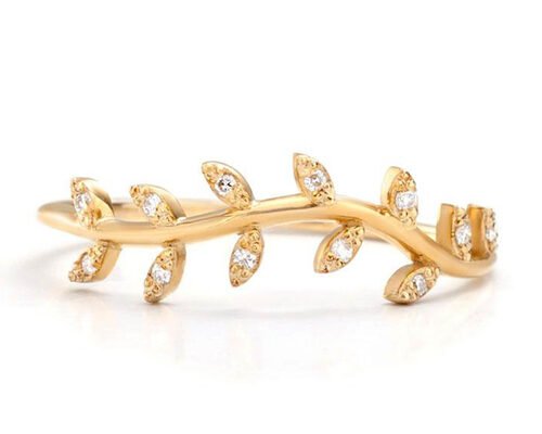 14K Yellow Gold Olive Branch Diamond Ring Round Cut 1.2mm Size