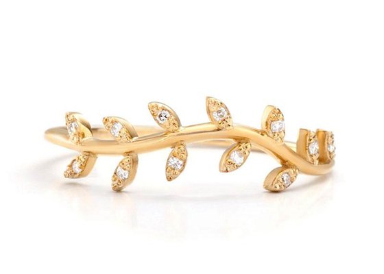 14K Yellow Gold Olive Branch Diamond Ring Round Cut 1.2mm Size