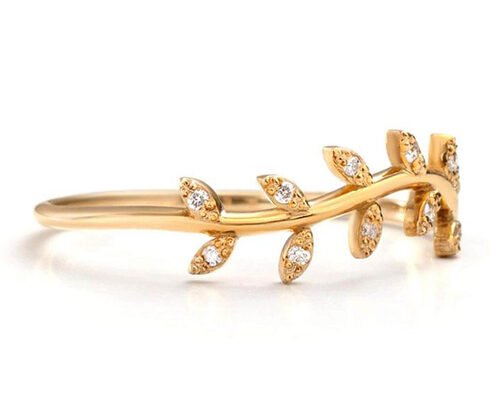 14K Yellow Gold Olive Branch Diamond Ring Round Cut 1.2mm Size