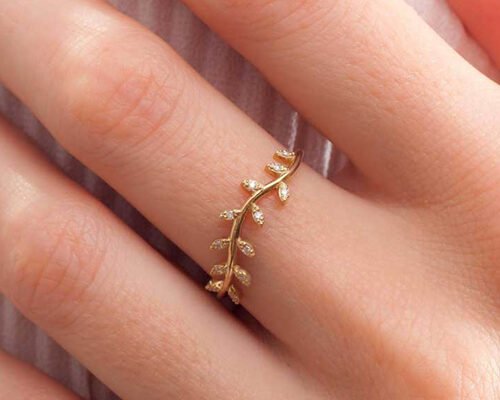 14K Yellow Gold Olive Branch Diamond Ring Round Cut 1.2mm Size