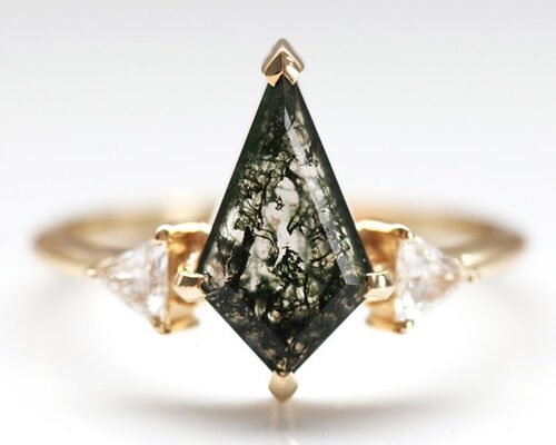 Triangle Natural Moss Agate Engagement Ring , 9k Gold Ring With Diamonds OEM ODM