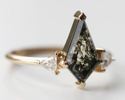 Triangle Natural Moss Agate Engagement Ring , 9k Gold Ring With Diamonds OEM ODM