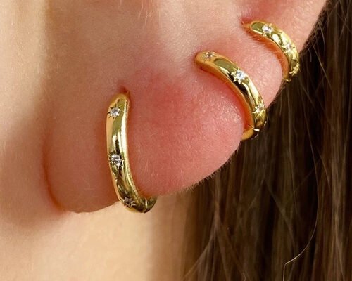 8.4mm Hoop 9K Gold Earrings North Star Engraved With Moissanite Diamond