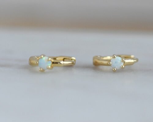 Dia 10mm Gold Opal Huggie Earrings 1.5mm Width For Anniversary