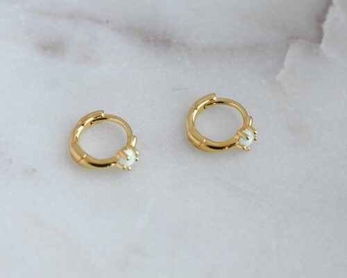 Dia 10mm Gold Opal Huggie Earrings 1.5mm Width For Anniversary