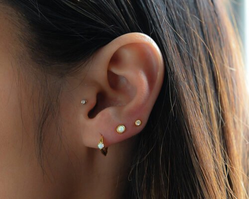 Dia 10mm Gold Opal Huggie Earrings 1.5mm Width For Anniversary