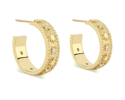 Star Engraved 9K Gold Earrings Huggie Hoop Style Dia 16MM Width 4MM