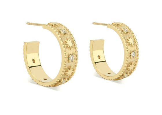 Star Engraved 9K Gold Earrings Huggie Hoop Style Dia 16MM Width 4MM