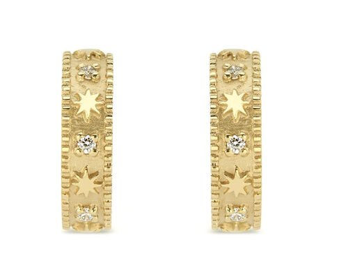Star Engraved 9K Gold Earrings Huggie Hoop Style Dia 16MM Width 4MM