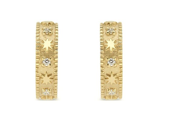 Star Engraved 9K Gold Earrings Huggie Hoop Style Dia 16MM Width 4MM