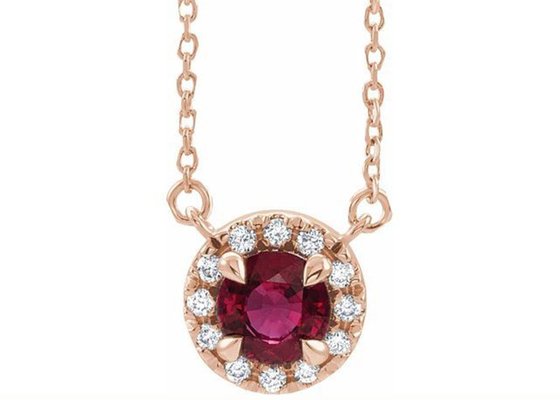 14K Gold Natural Ruby Pendant Necklace Round Cut With 0.6ct 5mm Halo Stones