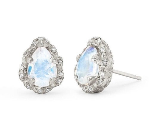 Water Drop Faceted 9K Gold Earrings With 6×8MM Moonstone Real Diamond