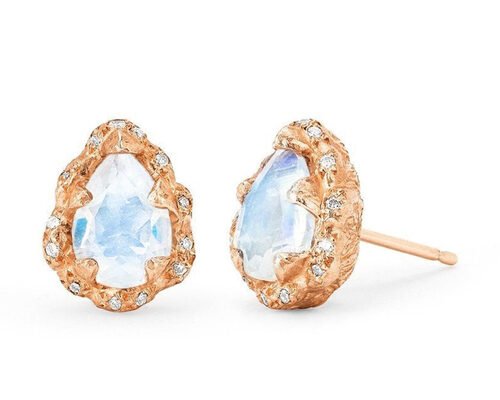 Water Drop Faceted 9K Gold Earrings With 6×8MM Moonstone Real Diamond