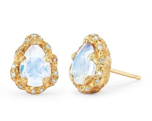 Water Drop Faceted 9K Gold Earrings With 6×8MM Moonstone Real Diamond