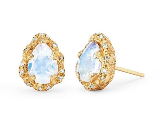 Water Drop Faceted 9K Gold Earrings With 6×8MM Moonstone Real Diamond